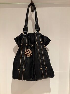 Black Leather Shoulder Tote with Gold Accent Trim